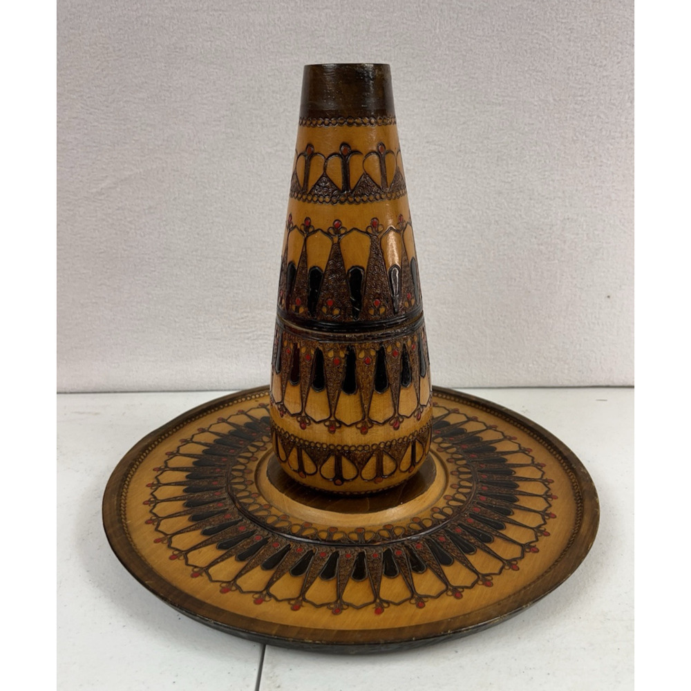 Polish Folk Art Wooden carved & painted decanter and serving tray MCM